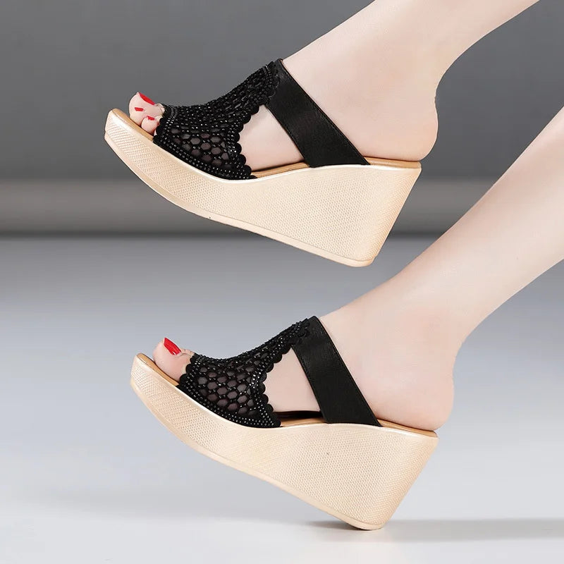 YAERNI High Heel Sandals For Women Summer Peep Toe Lace Mesh Wedge Heels Sandal Women Shoes