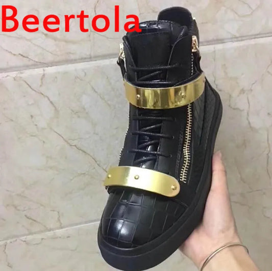 Beertola Stone Pattern Loafers Men Casual Shoes Metal Decoration Dress Flats Sole Zipper Lace-Up Outdoor Sneakers Black Color