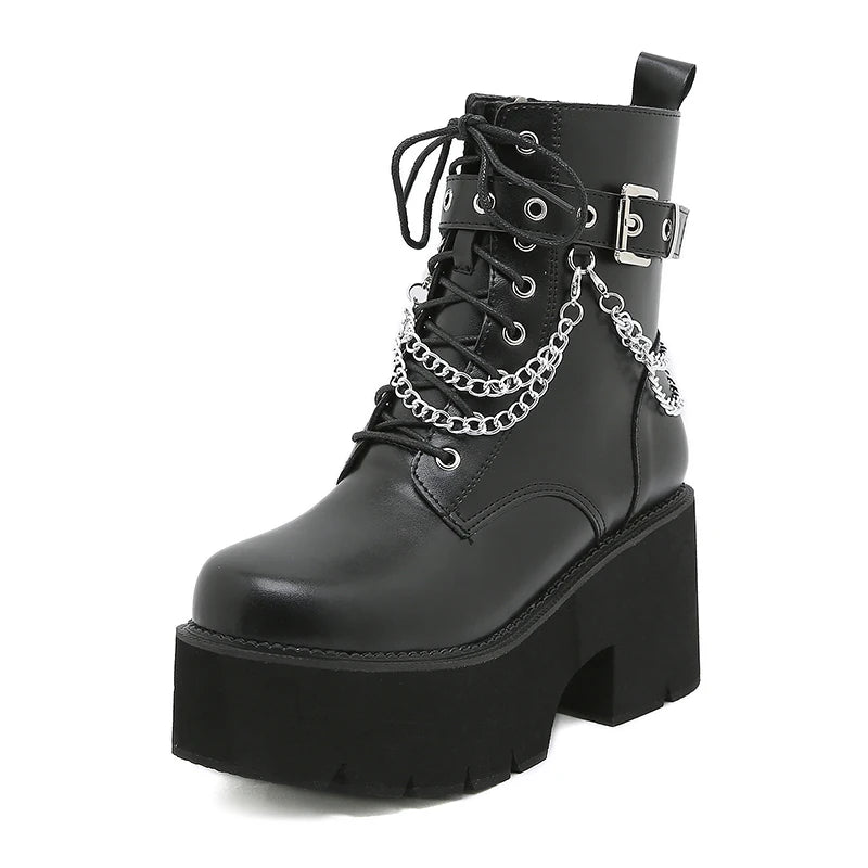 Gdgydh Modern Boots Woman Shoes Gothic Metal Decoration Black Boots Women Heels Sexy Chain Chunky Heel Platform Footwear Zipper