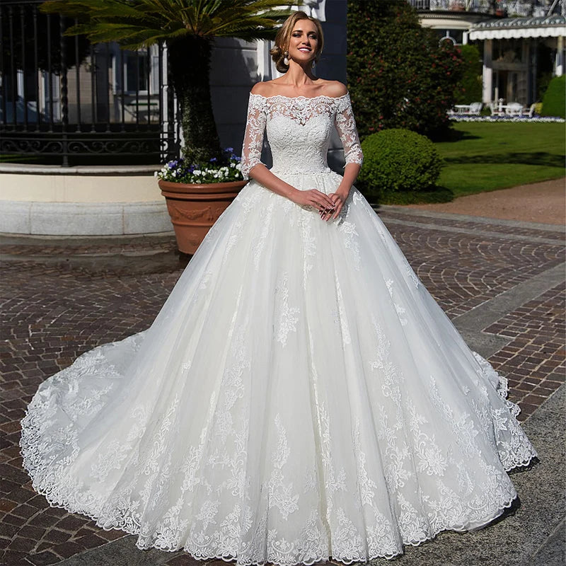 Bride Gown For Woman Illusion A-Line Bow Sashes Bridal Gowns O-Neck Satin Appliques Half Sleeves Wedding Dresses Robe De Mariée
