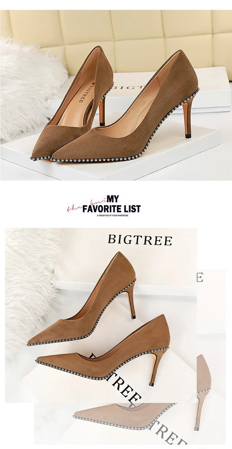 BIGTREE Shoes Black Heels Metal Beads Woman Pumps Suede High Heels Stiletto Wedding Shoes Women Heels Female Plus Size 41 42 43