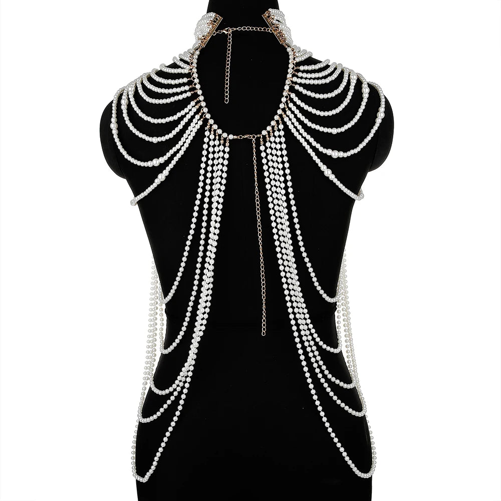Sexy Pearl Body Chain For Women Necklaces Shawl Female Punk Style Beaded Collar Shoulder Sweater  Long Chain Bridal Body Jewelry