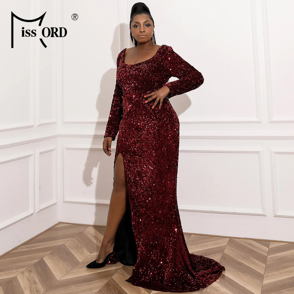 Missord Women Wine Plus Size Evening Dress Long Sleeve Sequins Thigh Split Bodycon Party Prom Maxi Dresses Elegant Backless Gown