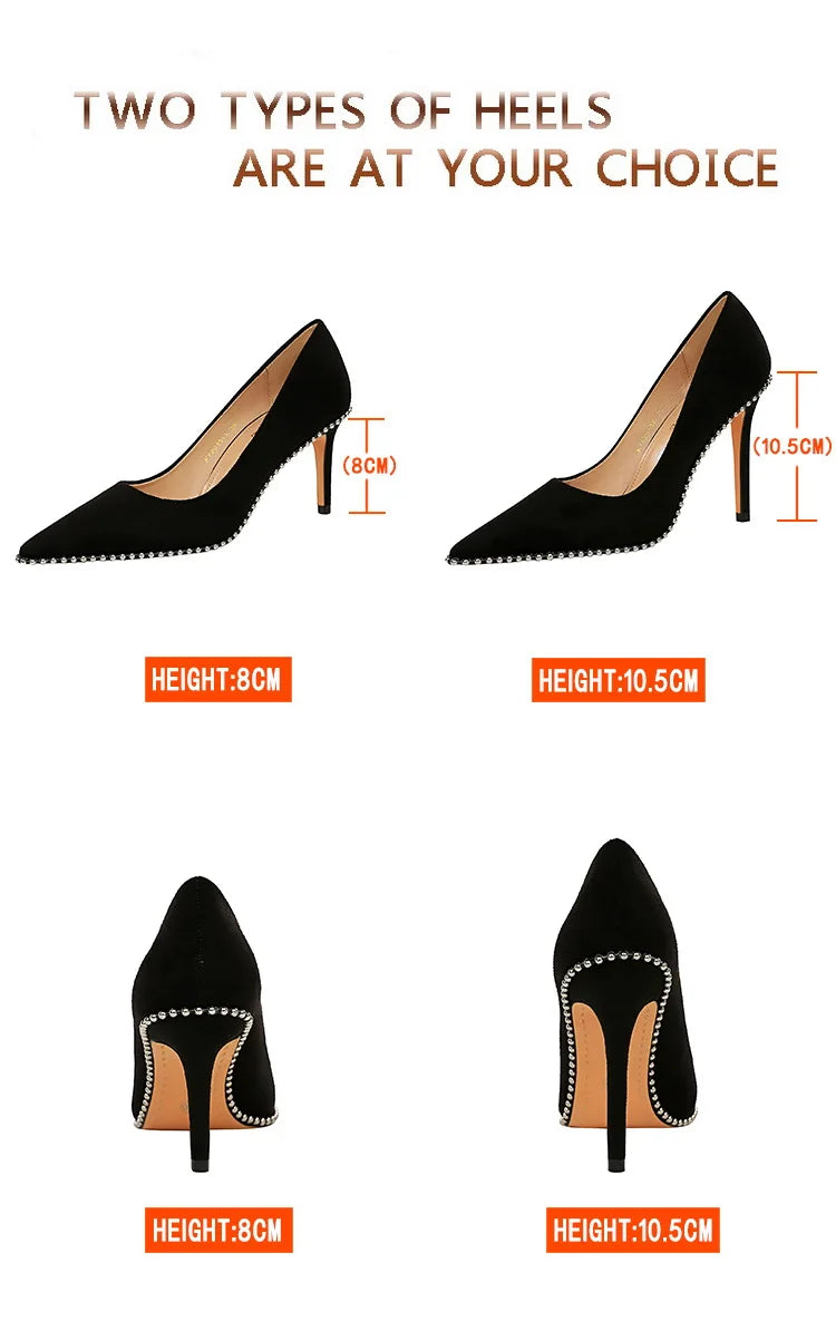 BIGTREE Shoes Black Heels Metal Beads Woman Pumps Suede High Heels Stiletto Wedding Shoes Women Heels Female Plus Size 41 42 43