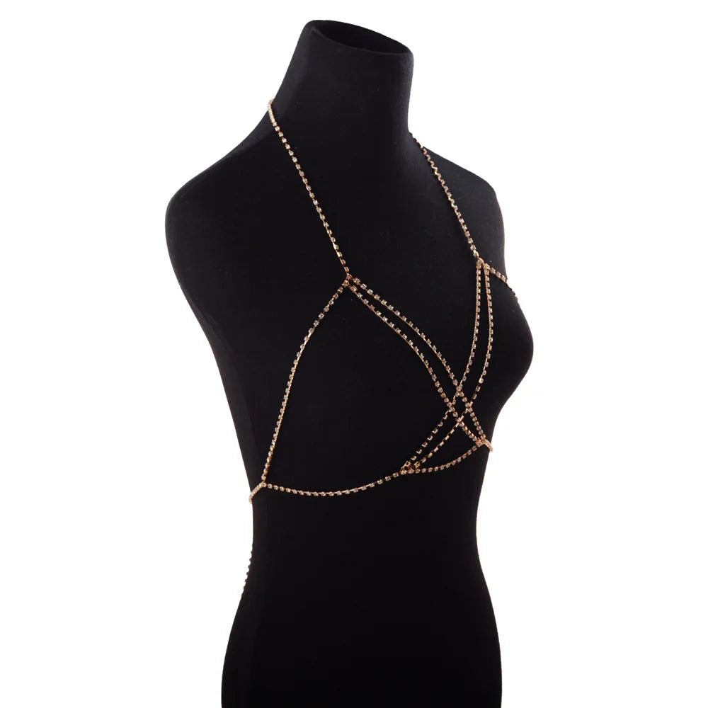 Bohemian Beach Sexy Chest Chains For Women Crystal Cross Chest Chain Shining Bling Bra Body Choker Necklace Jewelry Gift