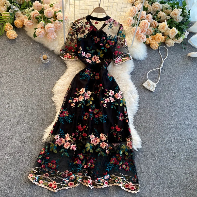 Guilantu Mesh Embroidery Floral Office Dress Women Summer Short Sleeve Tulle Vintgae Dress Elegant Sexy Club Party Dresses