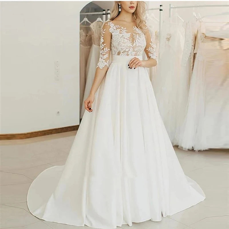Bride Gown For Woman Illusion A-Line Bow Sashes Bridal Gowns O-Neck Satin Appliques Half Sleeves Wedding Dresses Robe De Mariée
