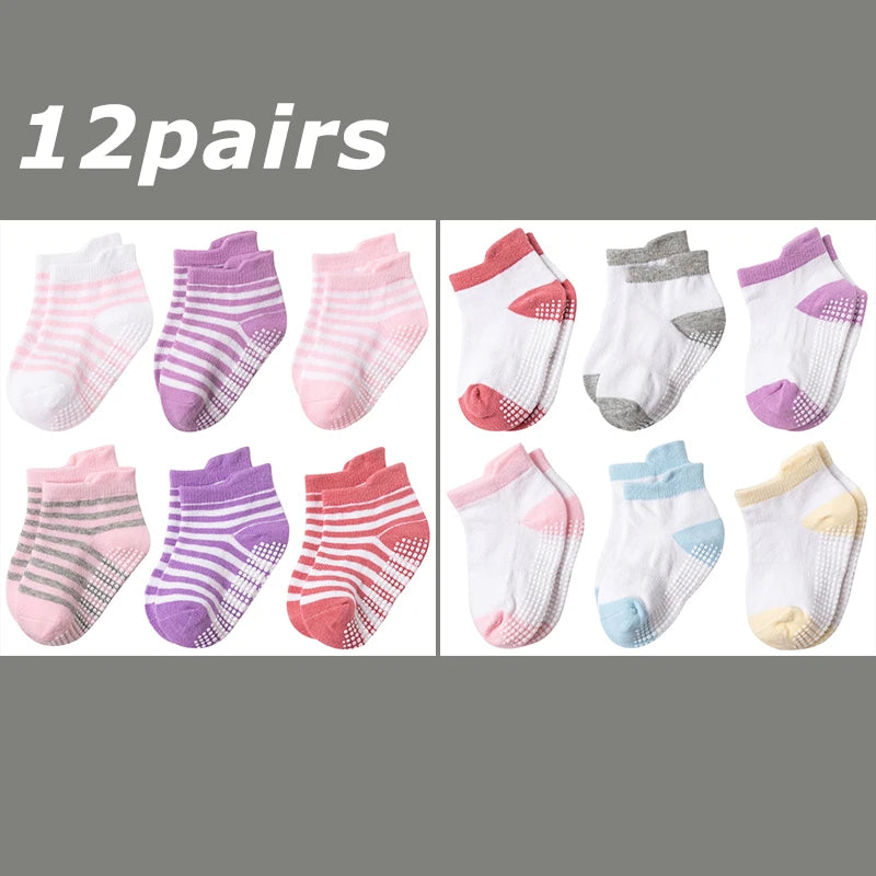 12 Pairs/lot Baby Socks Set Casual Toddler Boy Girl Clothes Accessories 0 To 5 Yrs Kid Short Sock Non Slip Breathable Bebe Stuff