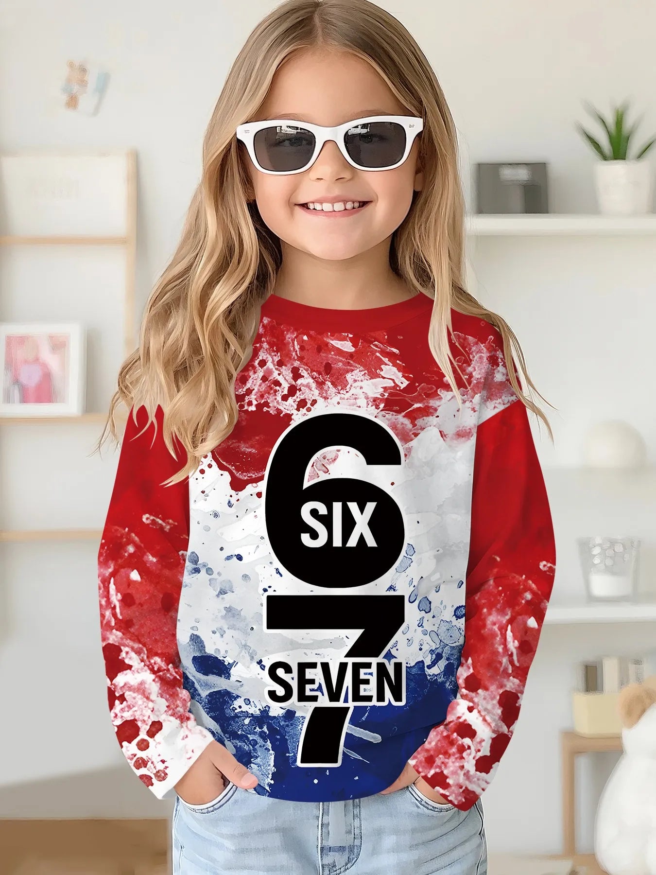 2025 Spring and Autumn Girls Korean Edition Loose Round Neck Long Sleeve T-shirt Top
