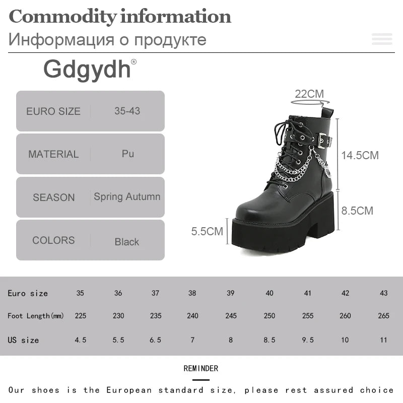 Gdgydh Modern Boots Woman Shoes Gothic Metal Decoration Black Boots Women Heels Sexy Chain Chunky Heel Platform Footwear Zipper