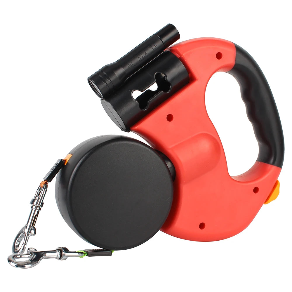 Roulette Dogs Strap With Flashlight Waste Bag Box Dual Dog Leash Auto Retractable 3m Double-Ended Traction Rope