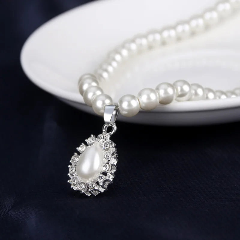 Pearl Jewelry Set for Women Water Drop Dangle Earrings Crystal Pendants Imitation Pearl Beads Necklaces femme brincos e colares