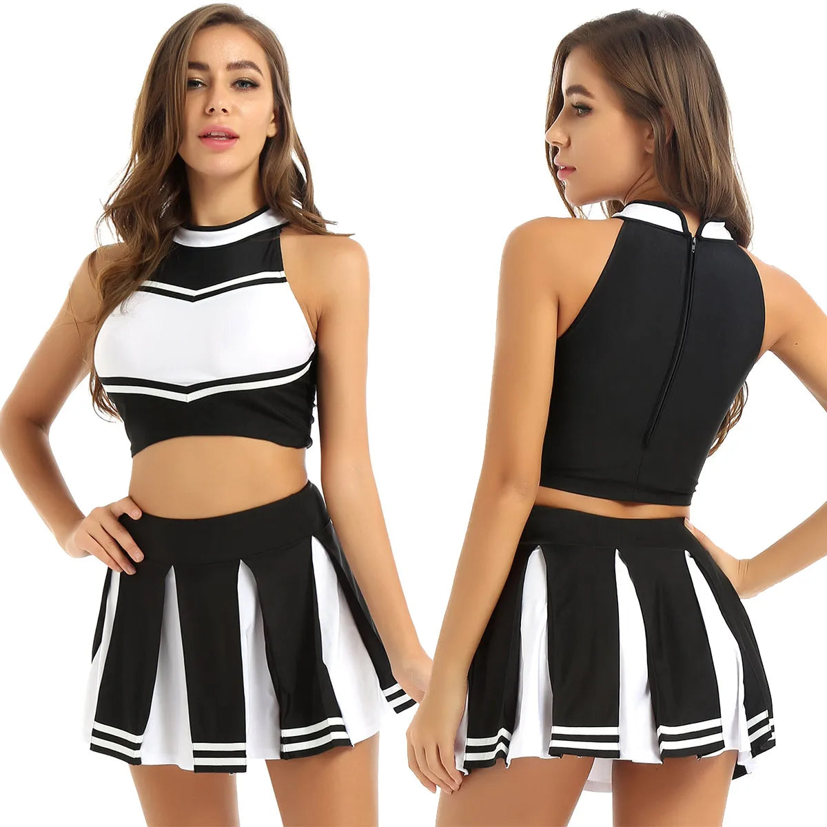 Women's Cheerleader Cosplay Costume Uniform Outfit Stand Collar Crop Top with Mini Pleated Skirts Carnival Cheerleading Suit