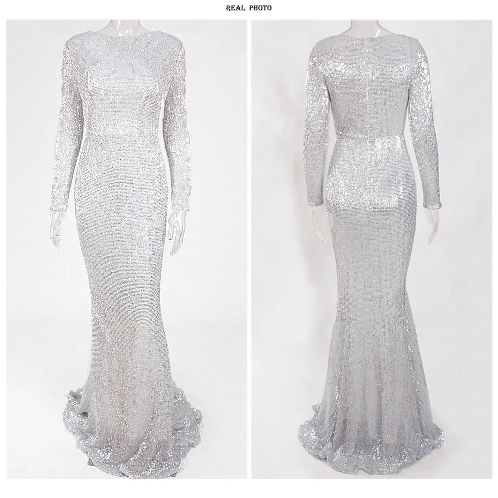 Modest Green Long Sleeve Mermaid Sequin Evening Gown Formal Dress Gold O Neck Stretch Women Wedding Party Maxi Cocktail Dresses