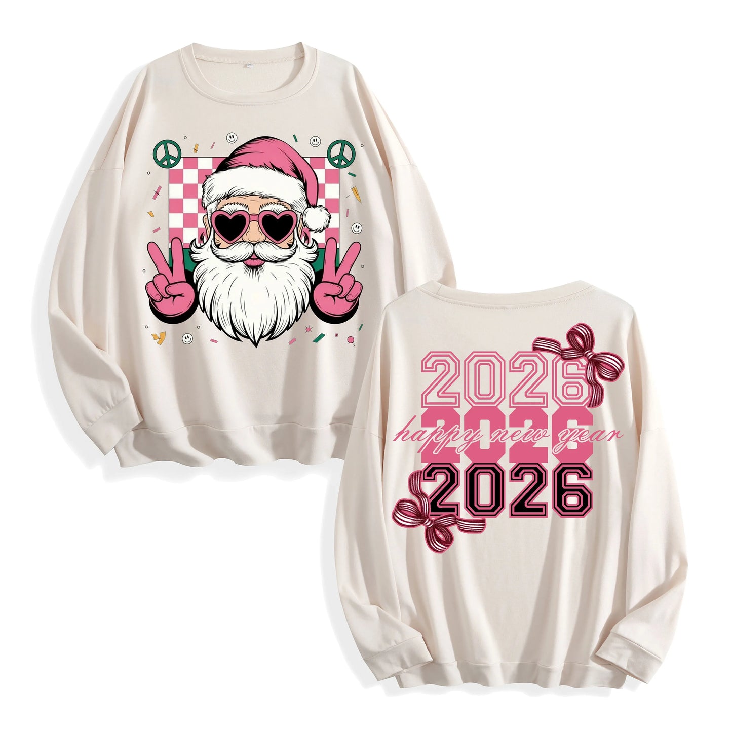 Retro Funky Pink Santa 2026 New Year Graphic Long Sleeve, US Warehouse, Customizable Design