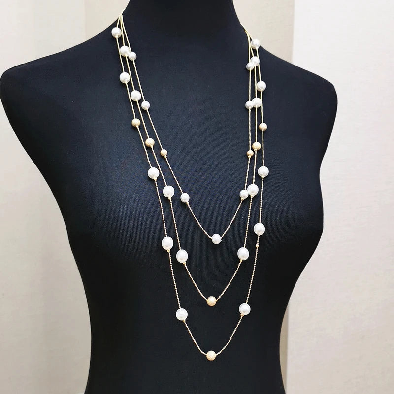 Fashion Handmade Simulated-pearls Beads Chain Necklace For Women Charm Multilayer Long Sweater Necklaces Wedding Party Jewelry