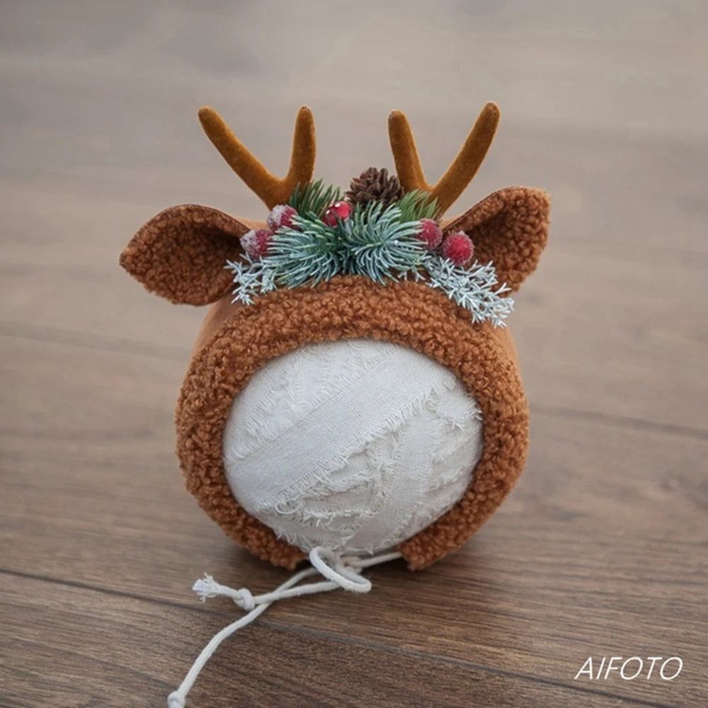 Baby Christmas Hat Reindeer Newborn Photography Props Accessories Wraps Pillow Set For Girls Boy Photo Shoot Studio Decoration