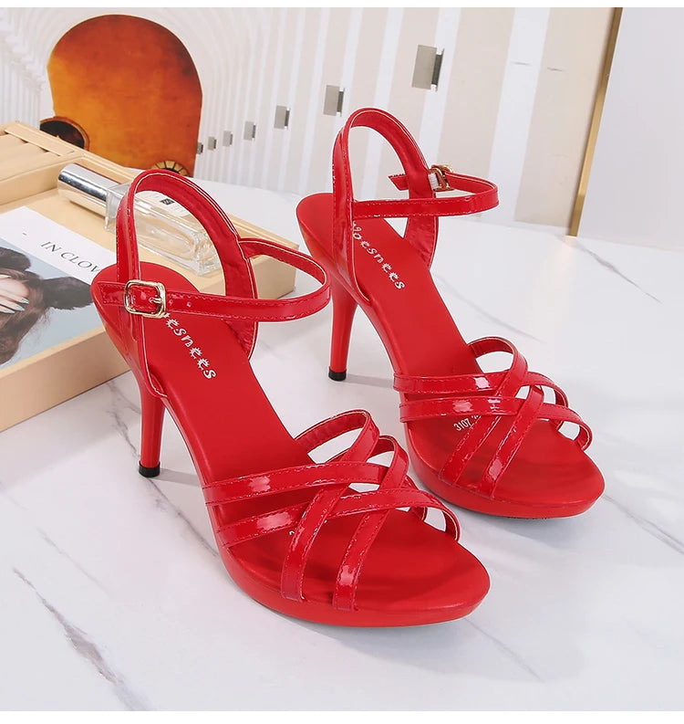 High Heel Sandals Women Shoes 2020 Summer New Slippers Red Fine Heel Patent Leather Women Open Toe Plus Size Sexy Ladies Banquet