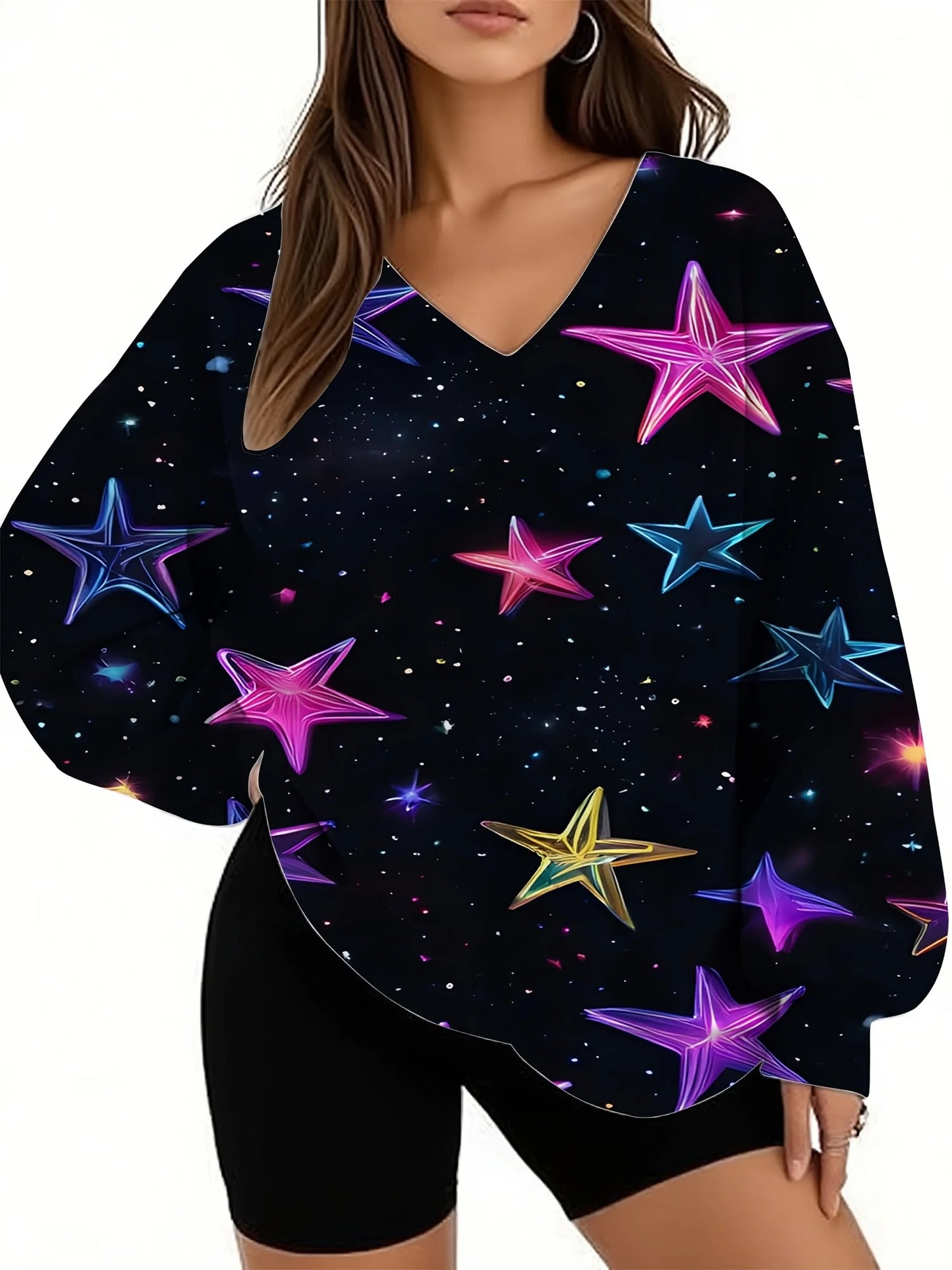 Starry Sky Gradient Pattern Printed Women's Versatile Fashion High Quality V-neck Hoodie 2025 New Edition
