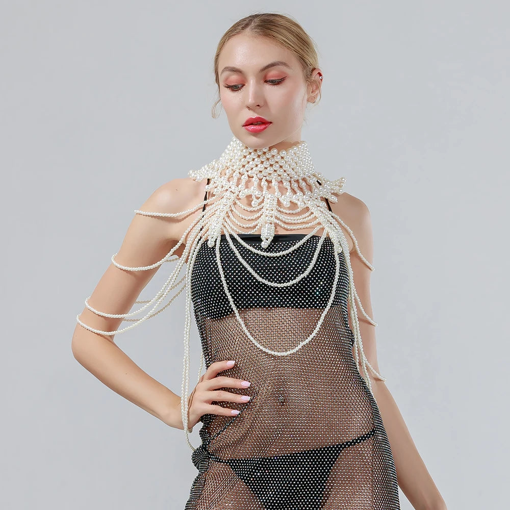 Sexy Pearl Body Chain For Women Necklaces Shawl Female Punk Style Beaded Collar Shoulder Sweater  Long Chain Bridal Body Jewelry