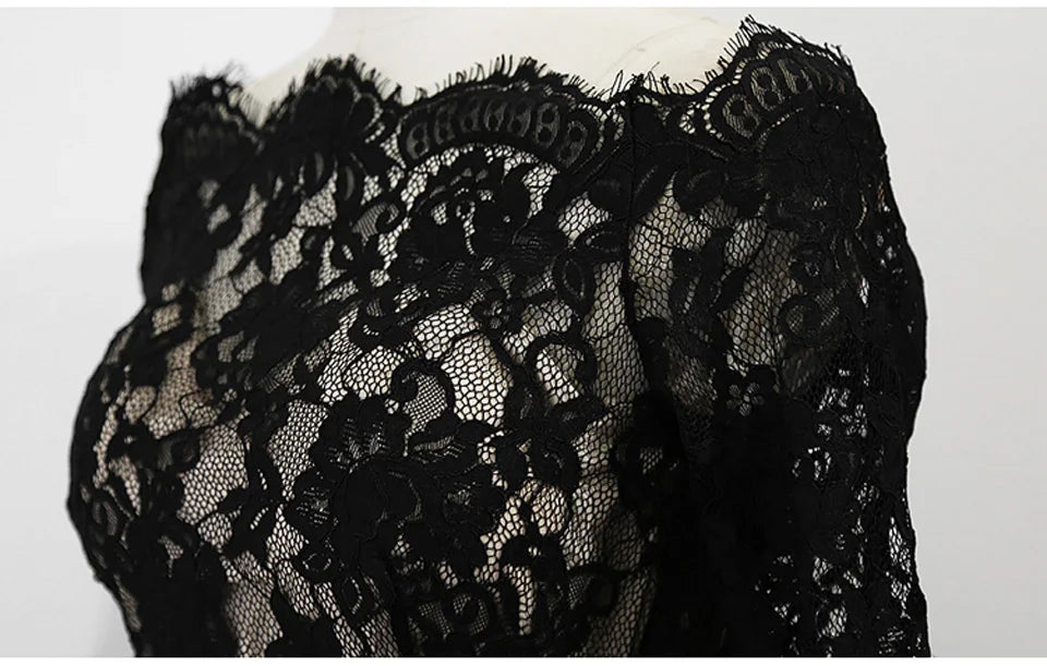 Black High Waist Lady Dress Spring Sexy Off The Shoulder Slash Neck Lace Long Sleeves Temperament Elegant Party Dress Women