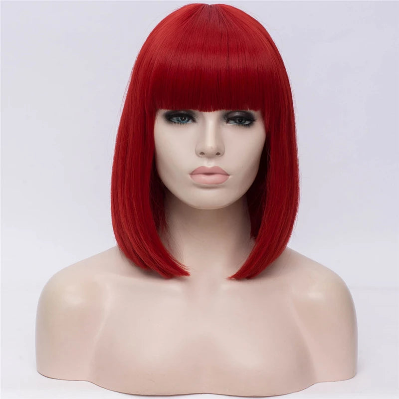 MSIWIGS Women Synthetic Straight Short Bob Wigs With Bangs Blue Golden Red Black White Purple Green Brown Cosplay Wig Female