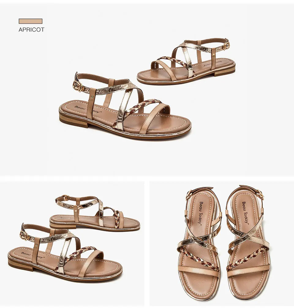 BeauToday Gladiator Sandals Women Genuine Cow Leather Twist Band Designer Flats Slingback Summer Female Flat Heel Shoes 32303