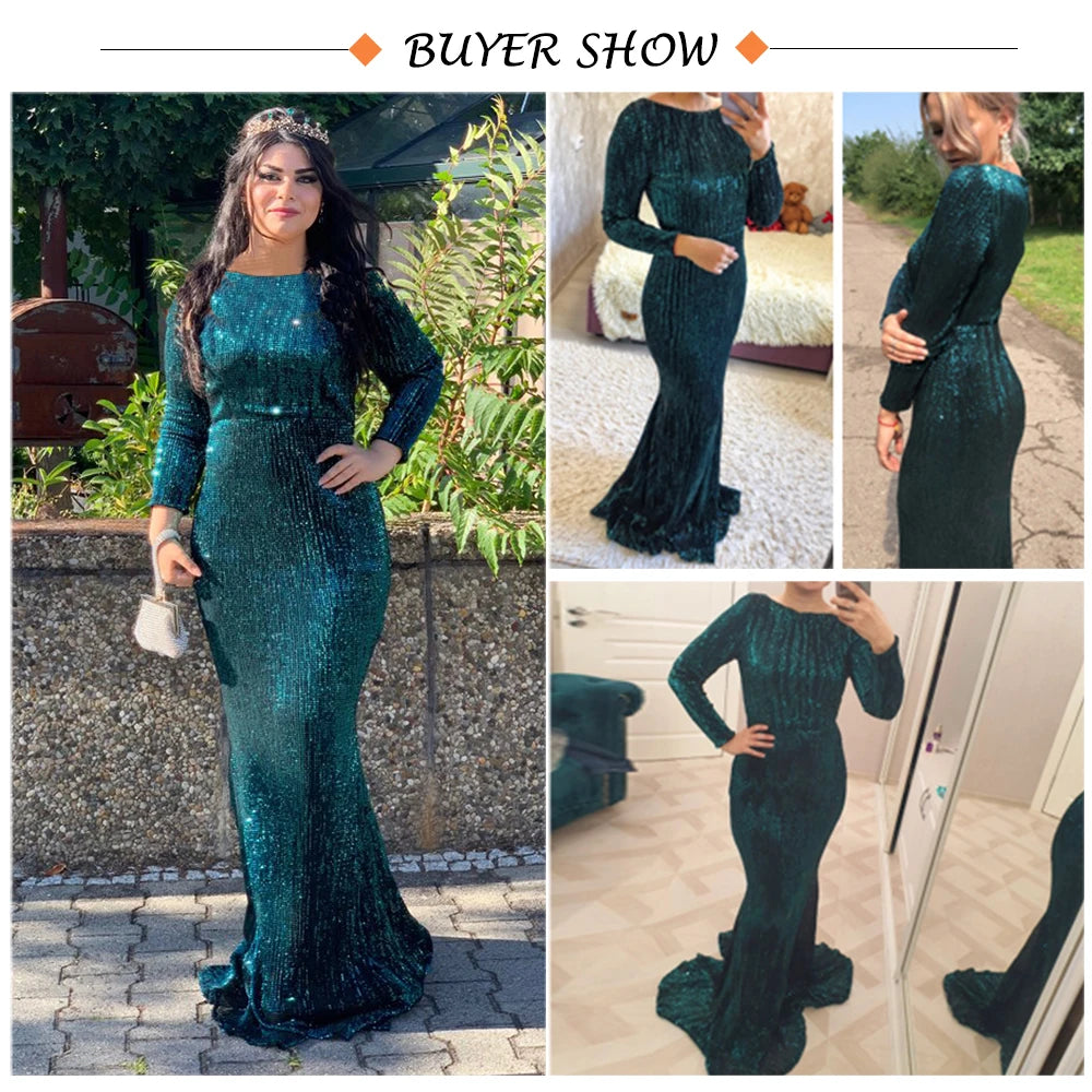 Modest Green Long Sleeve Mermaid Sequin Evening Gown Formal Dress Gold O Neck Stretch Women Wedding Party Maxi Cocktail Dresses