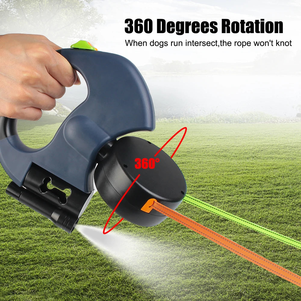 Roulette Dogs Strap With Flashlight Waste Bag Box Dual Dog Leash Auto Retractable 3m Double-Ended Traction Rope