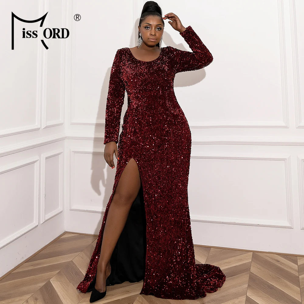 Missord Women Wine Plus Size Evening Dress Long Sleeve Sequins Thigh Split Bodycon Party Prom Maxi Dresses Elegant Backless Gown