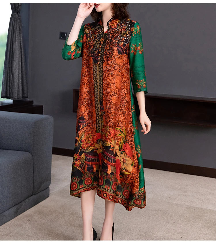 2024 Boho Vintage Print Natural Silk Midi Dresses Summer Loose Casual Dress Elegant Women Bodycon Party Vestidos