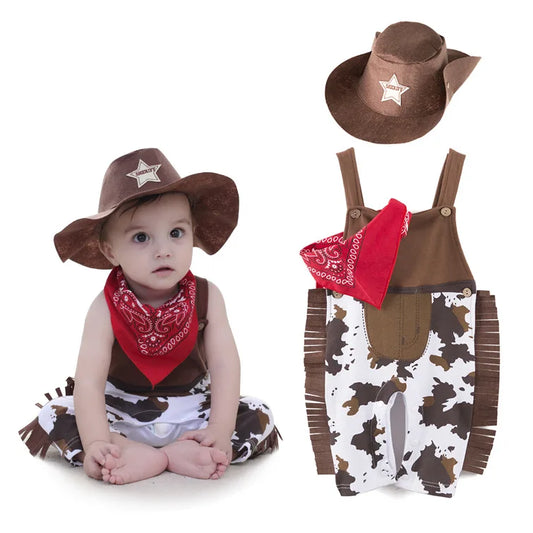 New fashion Baby boy romper costume infant toddler cowboy clothing set hat+scarf+romper halloween purim event birthday outfits