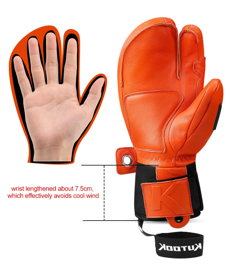 KUTOOK Goatskin Leather Ski Gloves Mittens Waterproof Thicken Winter Snow Snowboard Gloves Thermal Warm Skiing Gloves for Men