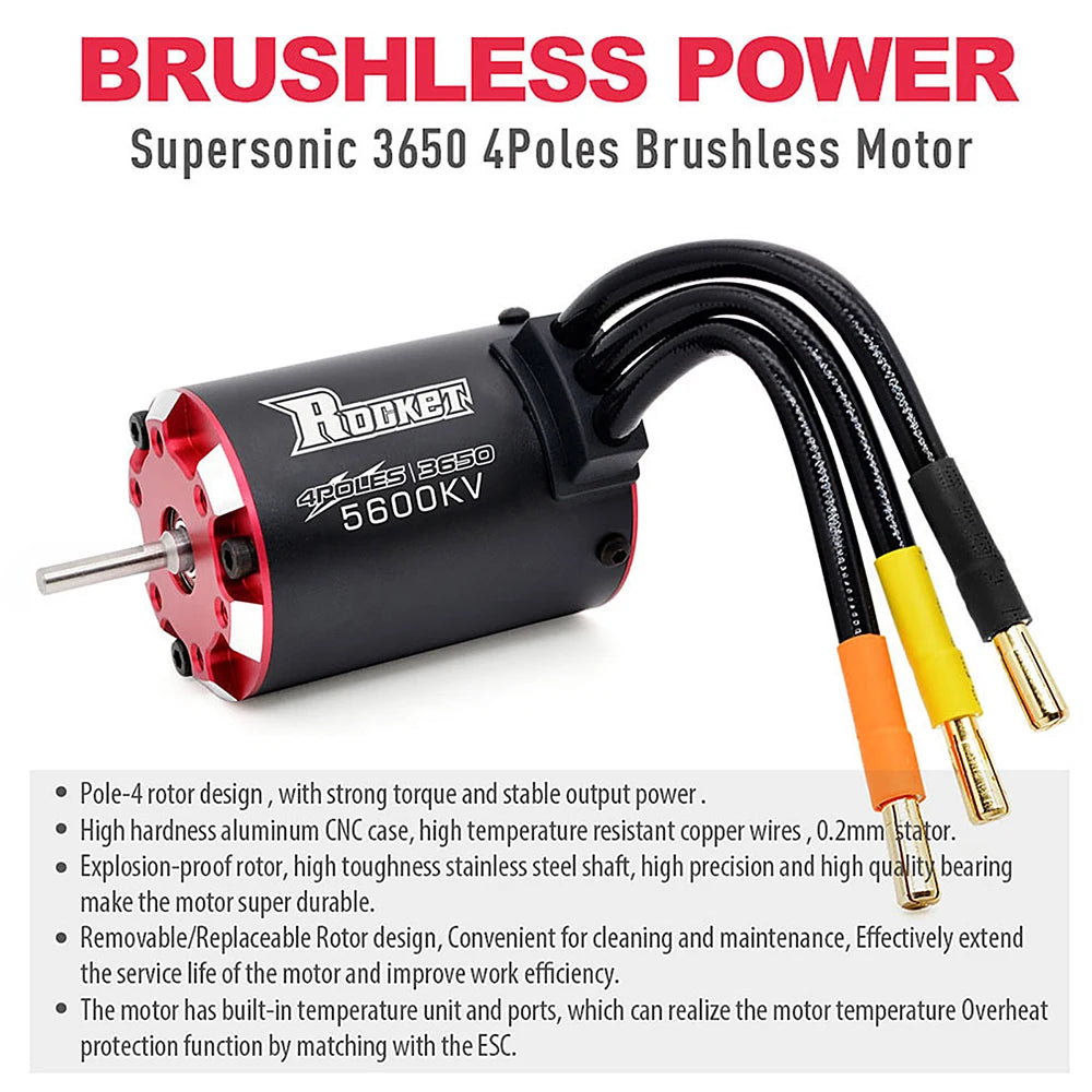 RC Motor Rocket 3650 Brushless Motor 5600KV 4700KV 4350KV 3250KV w/Temp Sensor for 1/8 1/10 RC Car
