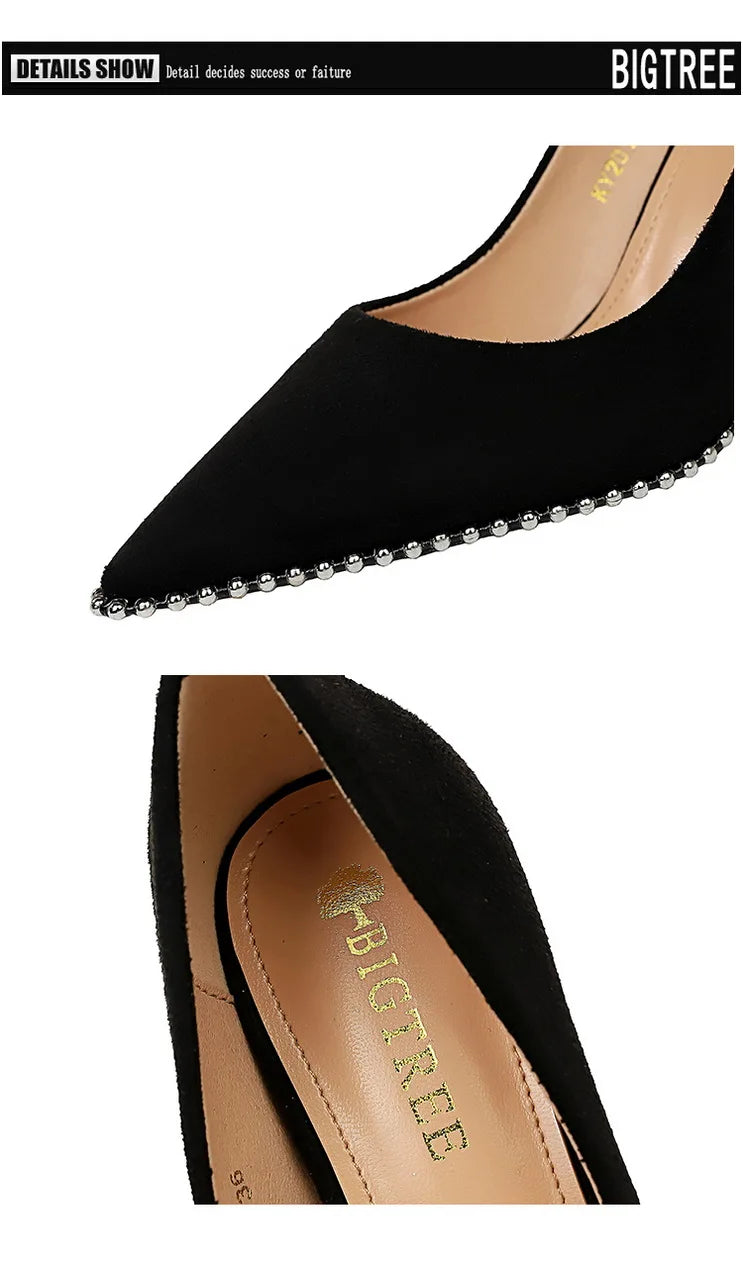 BIGTREE Shoes Black Heels Metal Beads Woman Pumps Suede High Heels Stiletto Wedding Shoes Women Heels Female Plus Size 41 42 43