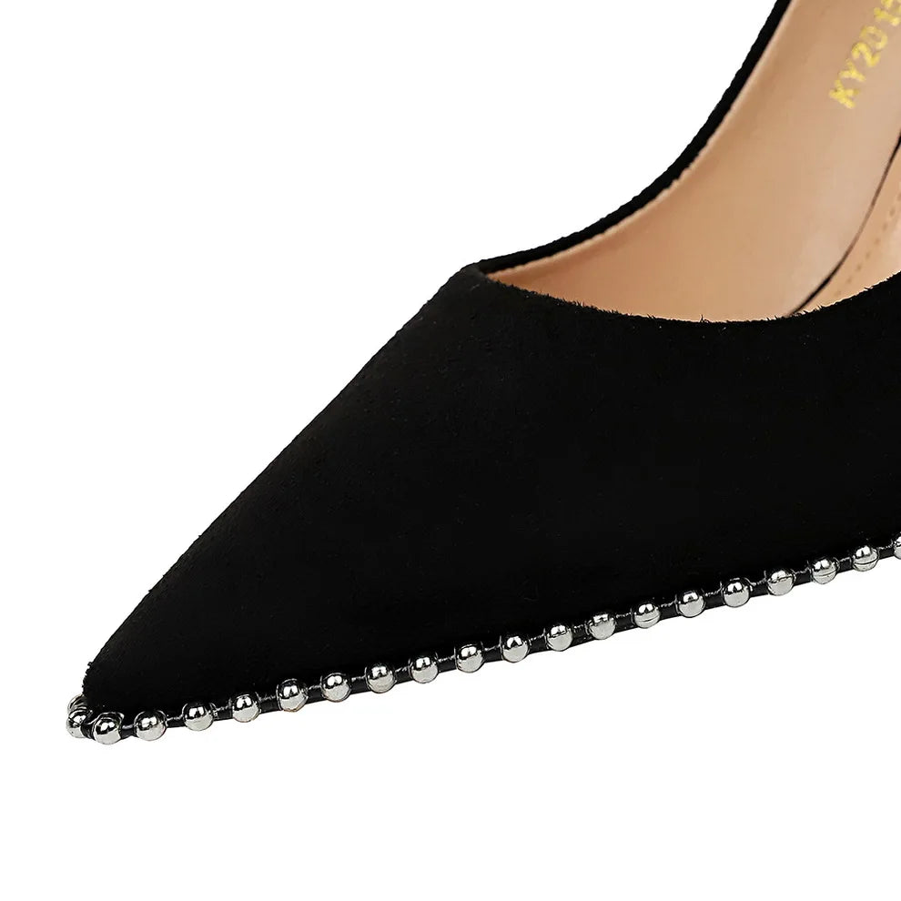 BIGTREE Shoes Black Heels Metal Beads Woman Pumps Suede High Heels Stiletto Wedding Shoes Women Heels Female Plus Size 41 42 43