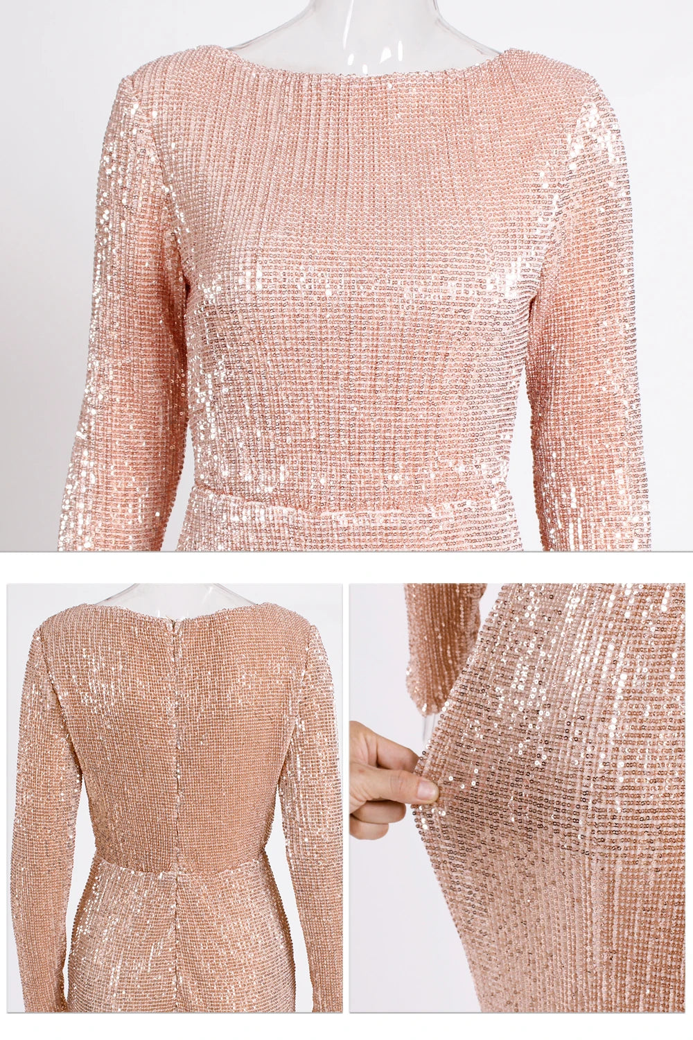 Modest Green Long Sleeve Mermaid Sequin Evening Gown Formal Dress Gold O Neck Stretch Women Wedding Party Maxi Cocktail Dresses