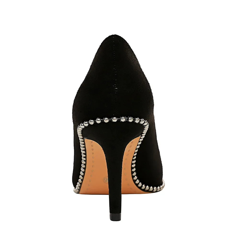 BIGTREE Shoes Black Heels Metal Beads Woman Pumps Suede High Heels Stiletto Wedding Shoes Women Heels Female Plus Size 41 42 43