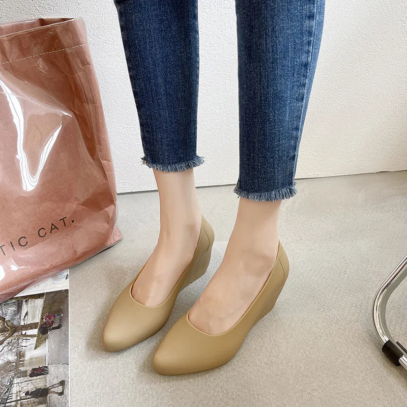 Wedges High heels jelly sandals women solid candy sandales pointed toe summer rain shoes ladies waterproof pvc sandalias 2021