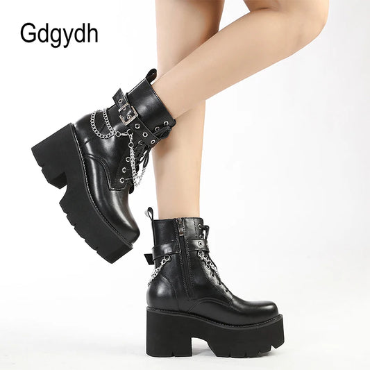 Gdgydh Modern Boots Woman Shoes Gothic Metal Decoration Black Boots Women Heels Sexy Chain Chunky Heel Platform Footwear Zipper