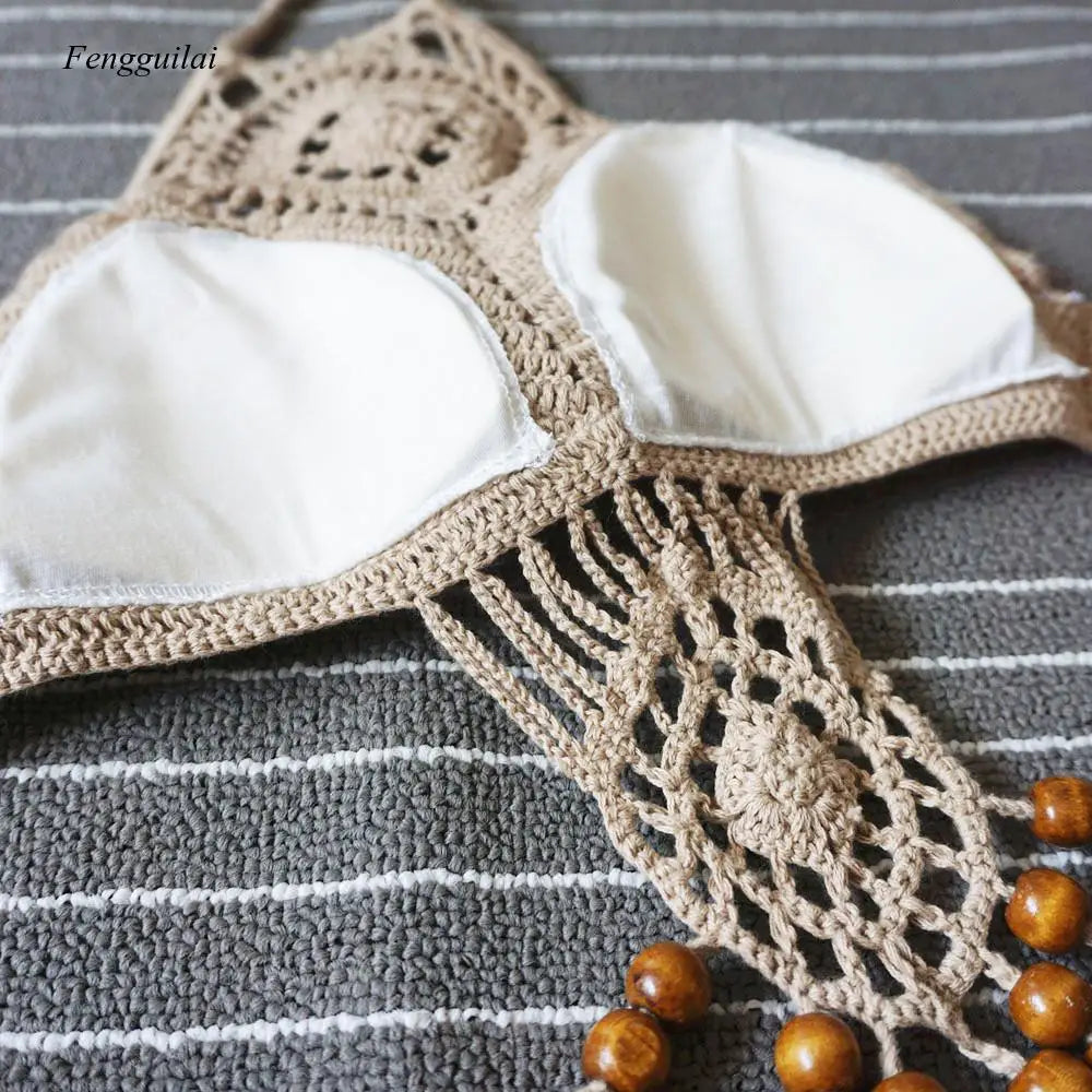 Bikini 2024 Knitting Swimsuit Crochet Bohemia Style Off Shoulder High Neck Bathing Beach Handmade Crochet
