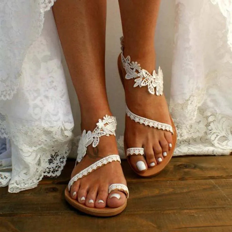 2025 White Lace Sandals Women Flip Flops Flat Sandals Women Bohemia Beach Shoes Women Plus Size Summer Fashion Woman WSH3628
