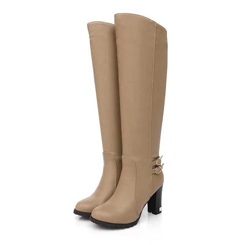 Sgesvier Winter Warm Fur Knee High Boots Womens Snow Boots High Heels Side Zipper Female Shoes Black Brown Apricot Large Size