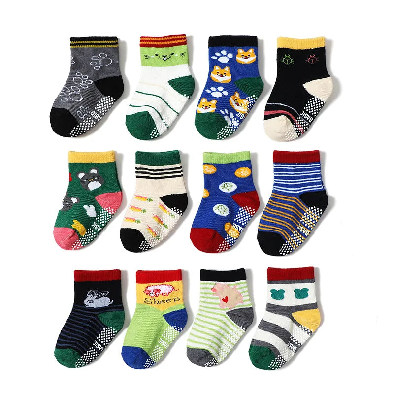 12 Pairs/Lot Cotton Baby 's Floor Socks Boys Girls Non-slip Boat Low Cut Sock with Rubber Grips 1-5Years