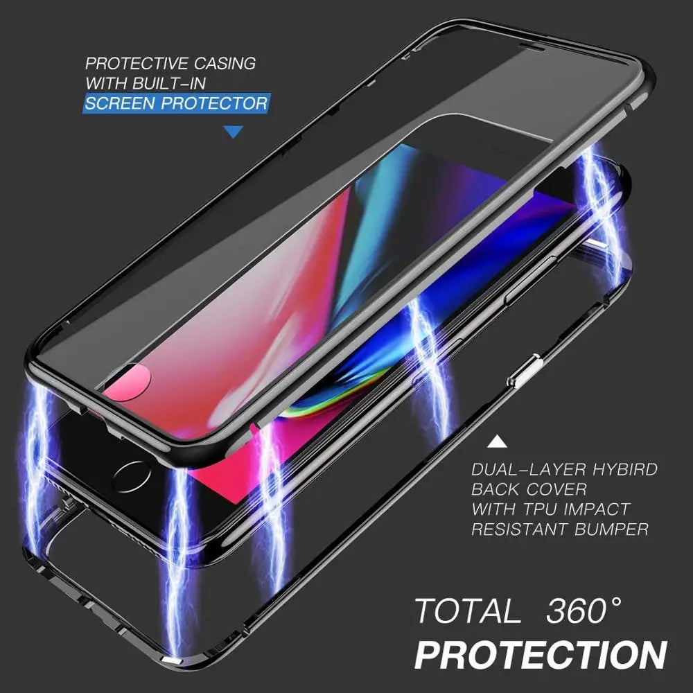 Magnetic Adsorption Case Metal Frame Tempered Glass Back with Built-in Magnet Cover For iPhone 7/8 Plus/iPhone SE 2020 2022