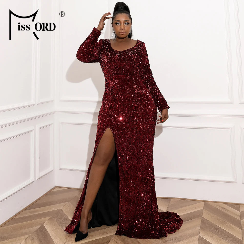 Missord Women Wine Plus Size Evening Dress Long Sleeve Sequins Thigh Split Bodycon Party Prom Maxi Dresses Elegant Backless Gown