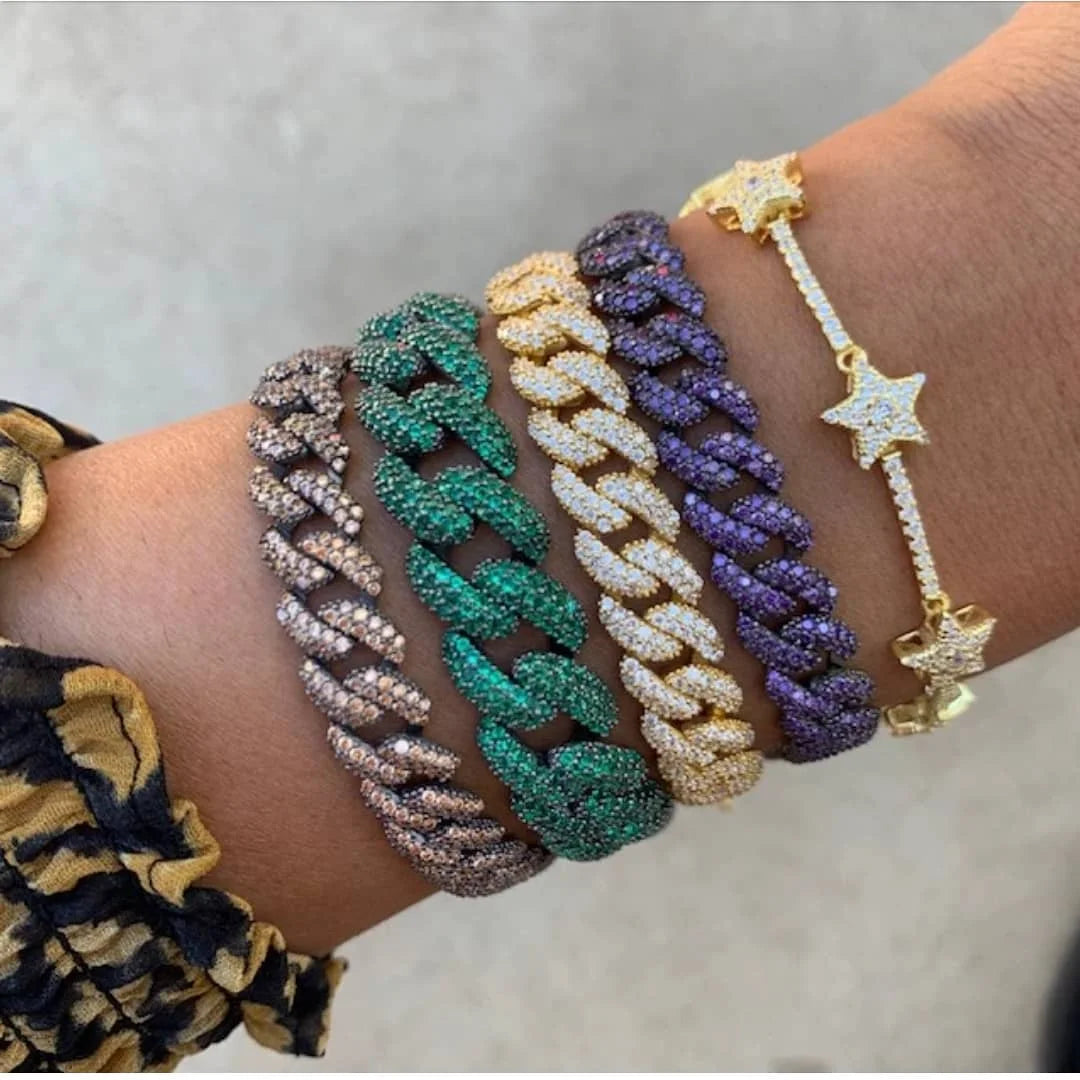 Women Hip Hop Colorful Cz Cuban Chain Bracelet 10mm Width Blue Red Green Cubic Zirconia Cuban Chain Bracelet Bangle For Women