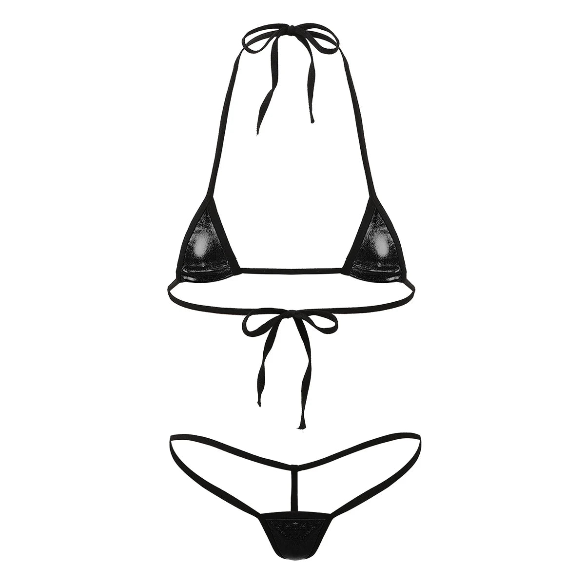Womens Shiny Metallic Halterneck Bra Tops Micro Thong Bikini Set 2 Pieces Extreme Swimsuits Brazilian Swimwear Bathing Suits