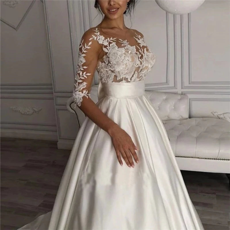 Bride Gown For Woman Illusion A-Line Bow Sashes Bridal Gowns O-Neck Satin Appliques Half Sleeves Wedding Dresses Robe De Mariée