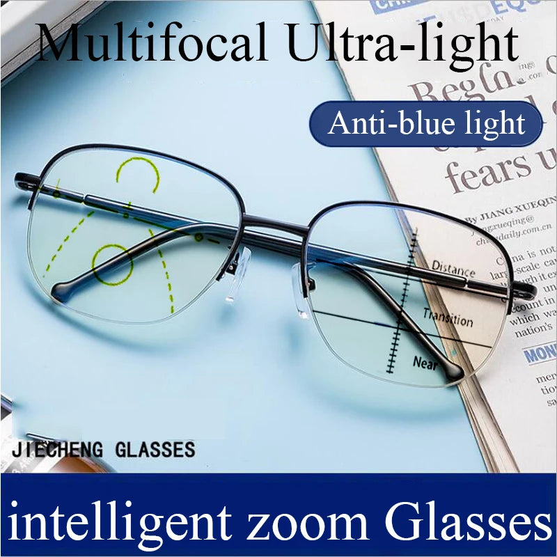 Smart zoom Multifocal Reading Glasses Men Women Progressive Anti Blue Ray UV Protect Hyperopia Glasses Half Frame Metal Titanium